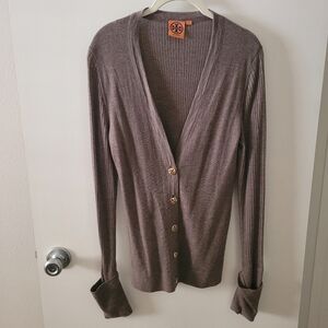 Tory Burch Taupe Cardigan with Gold Accents